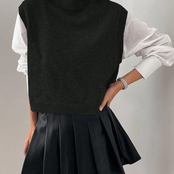 Black Casual Womens Turtleneck Split Hem Sweater Vest - Picture 4 of 5